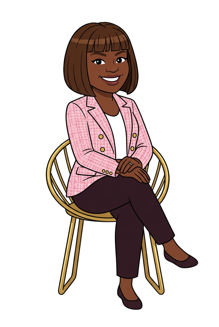Cartoon Evelynlaw seated with legs crossed between the buttons
